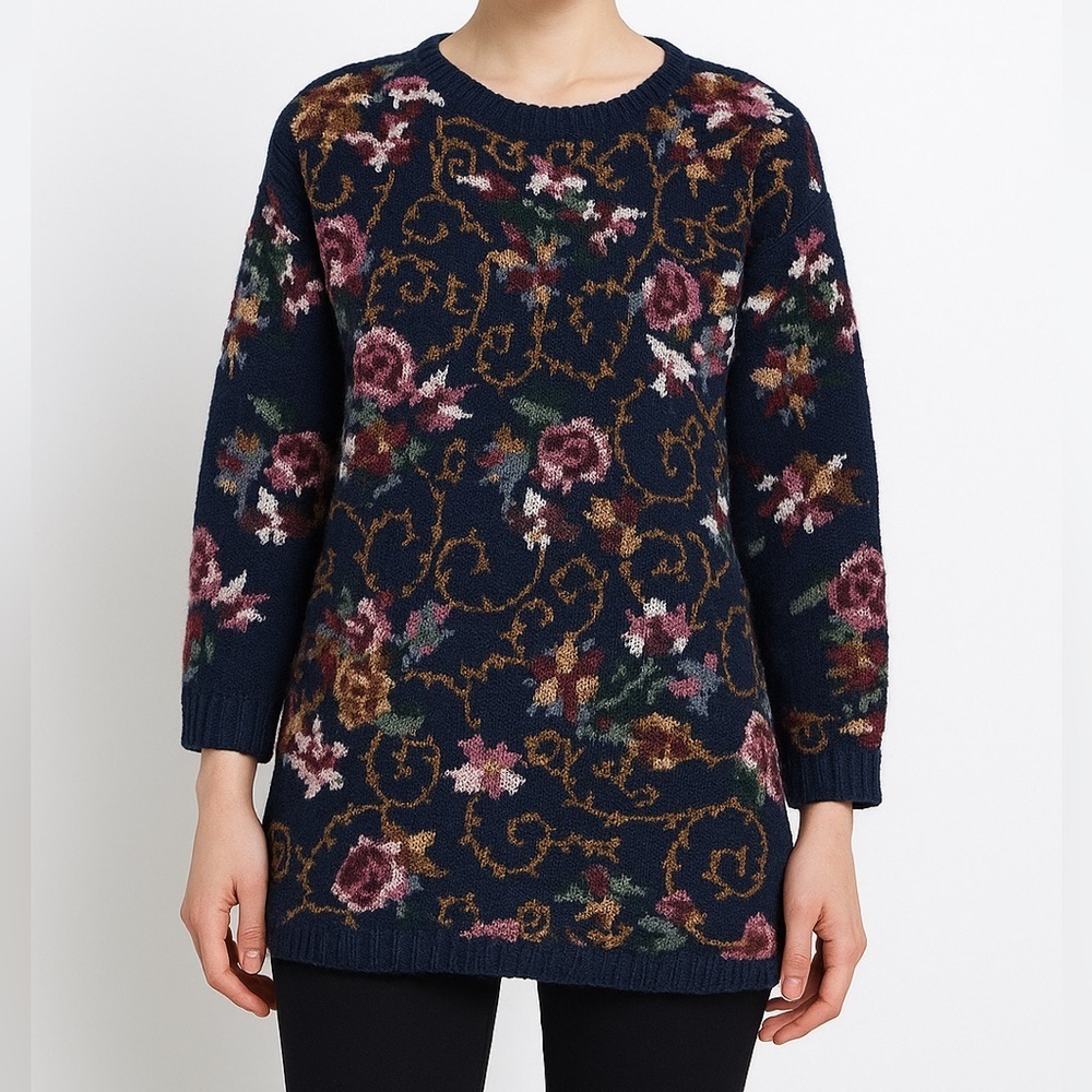 Floral Knit Sweater - Navy and Pink